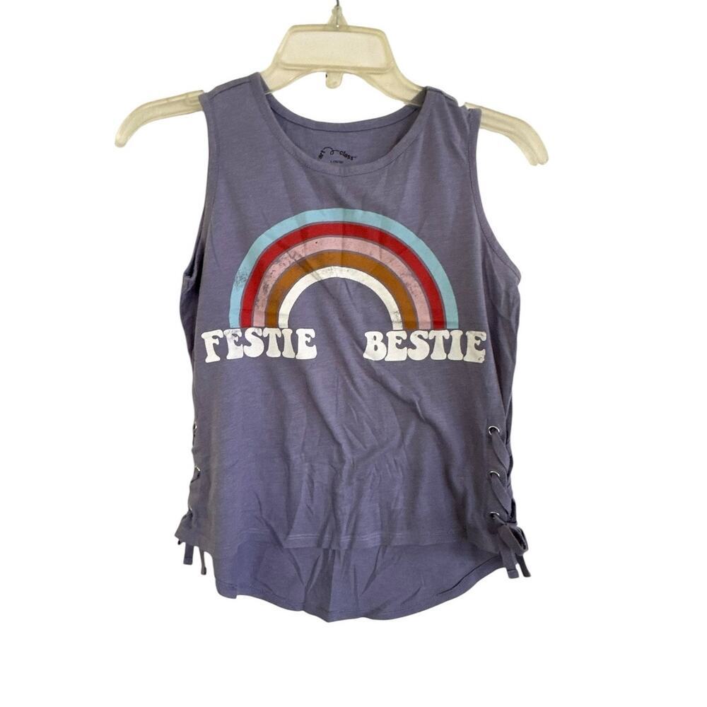 Art Class tank top features a "Festie Bestie" rainbow graphic size large